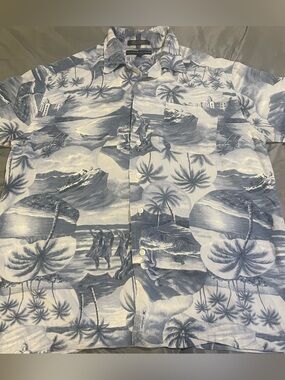 Tommy Hilfiger Blue and White Tropical Hawaiian Button-Down Shirt